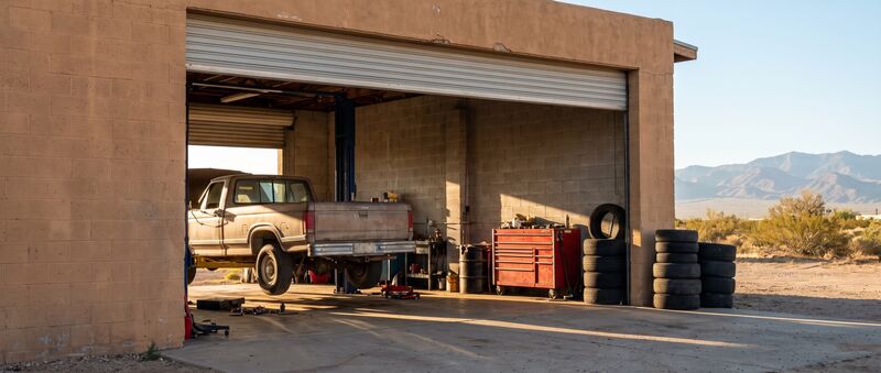 An auto repair shop with the bay door open (illustrative)