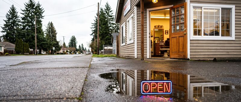 A barbershop from a rainy sidewalk (illustrative)