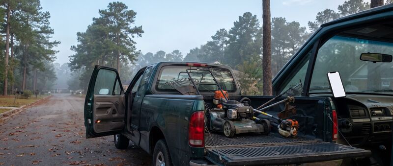 A landscaper's pickup with the tailgate down (illustrative)