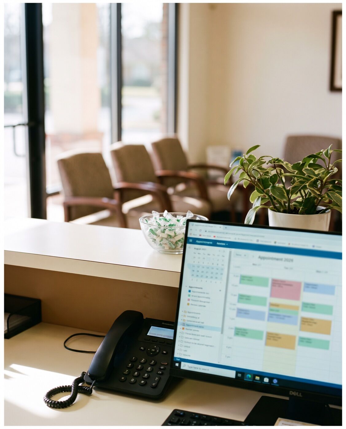 A clinic front desk with an appointment screen (illustrative)