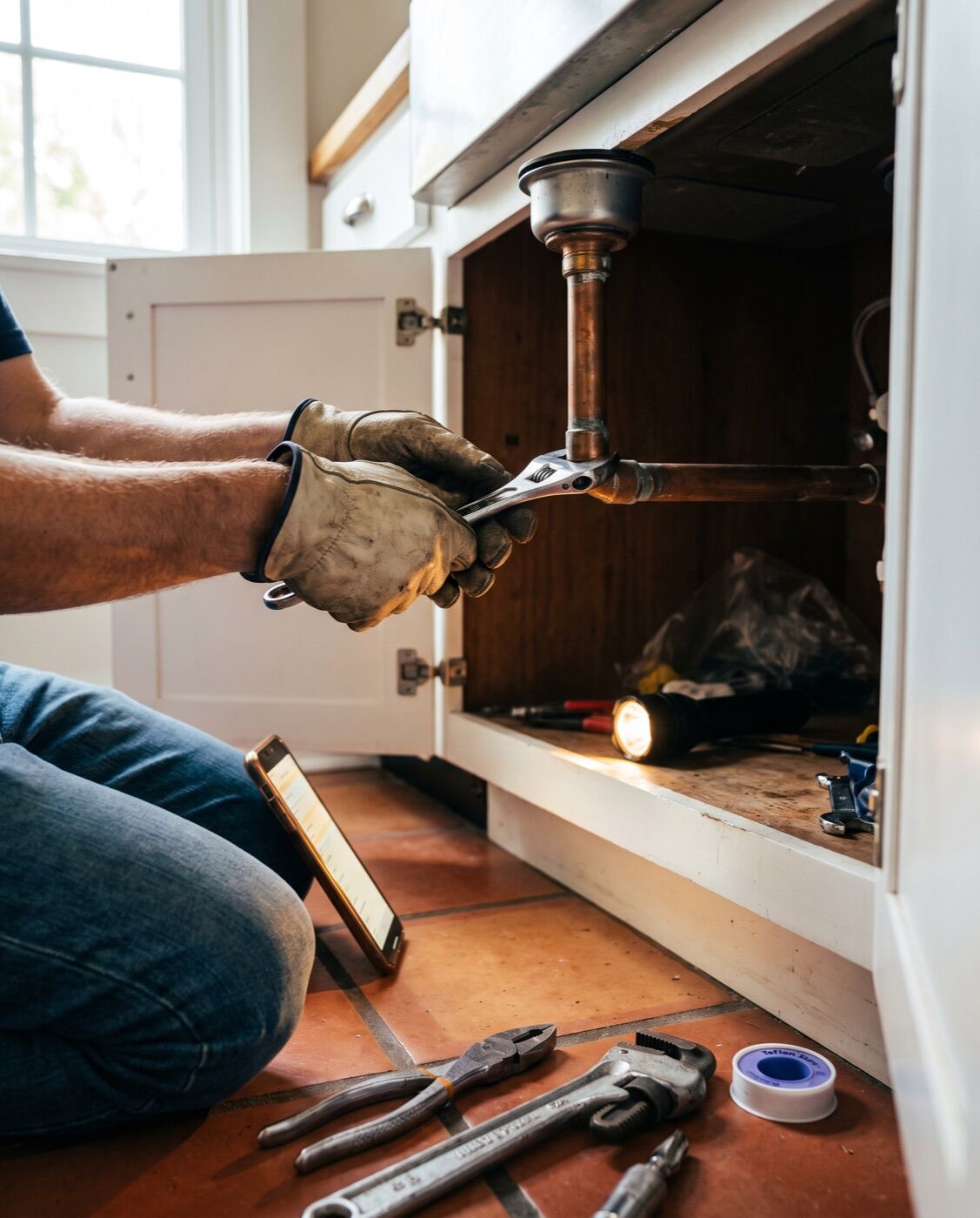 A plumber's hands under a kitchen sink (illustrative)