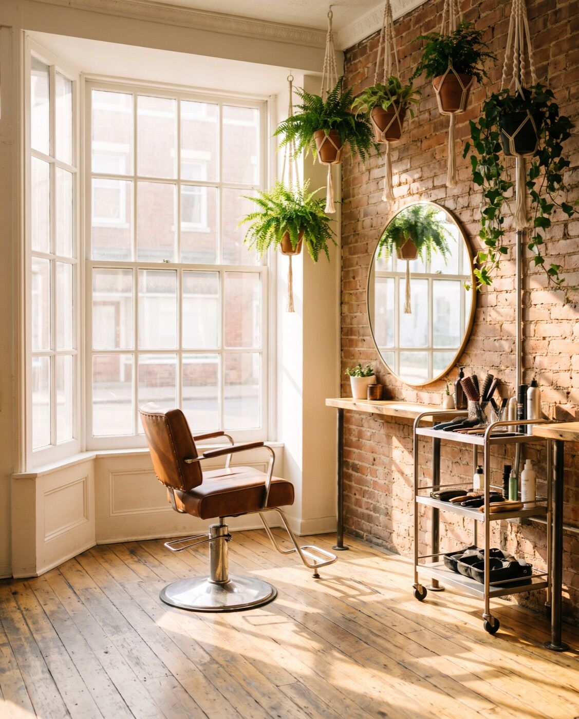 An empty salon chair by a window (illustrative)